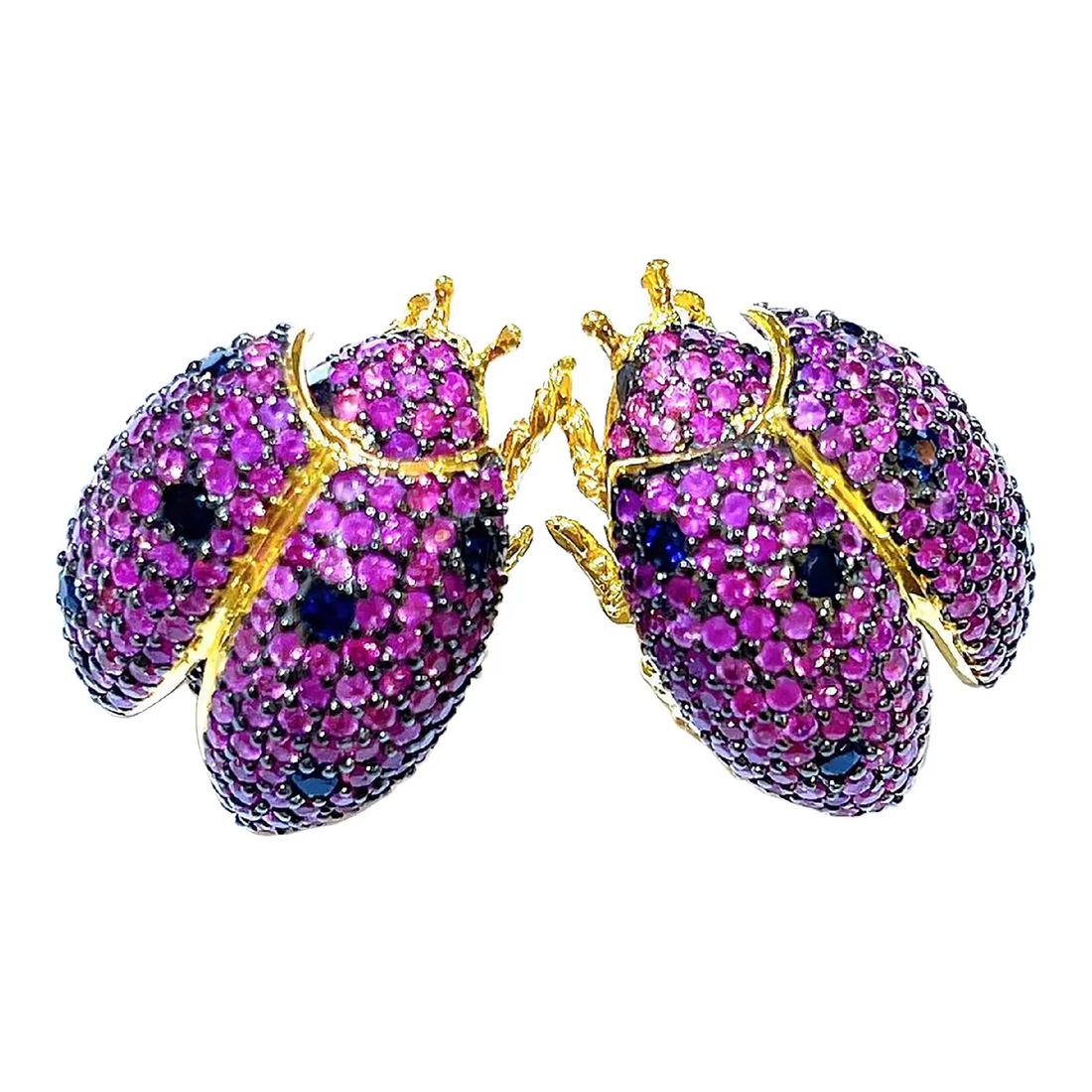Bochic “Orient” Retro Pink Sapphire Beatle Earrings Set in 18k Gold & Silver - 2 Pieces