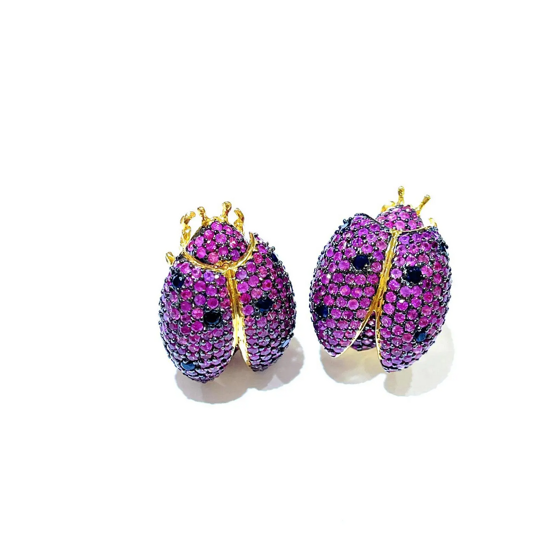 Bochic “Orient” Retro Pink Sapphire Beatle Earrings Set in 18k Gold & Silver - 2 Pieces