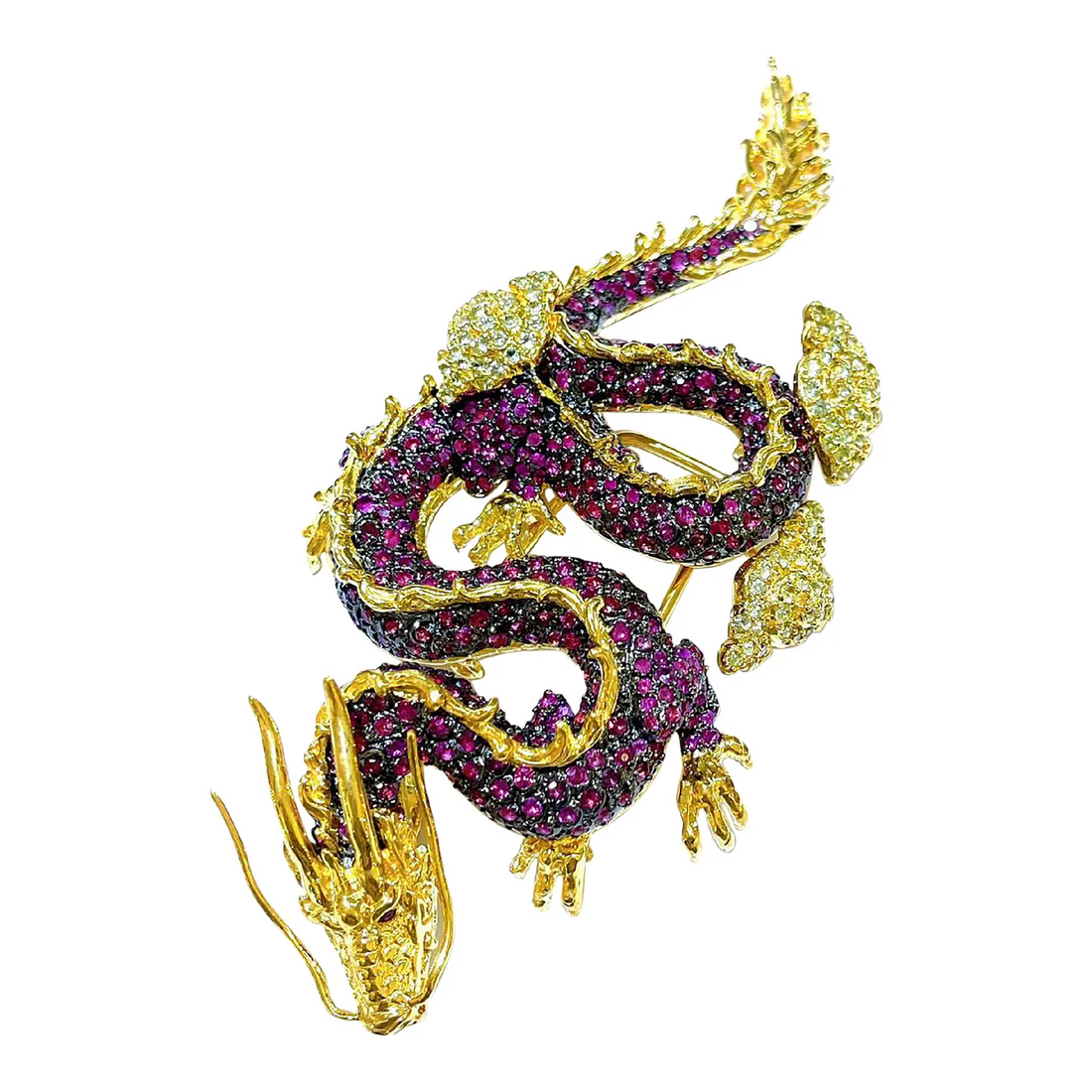 Bochic Dragon “Orient” Ruby & White Zircon Brooch Set in 18k Gold & Silver