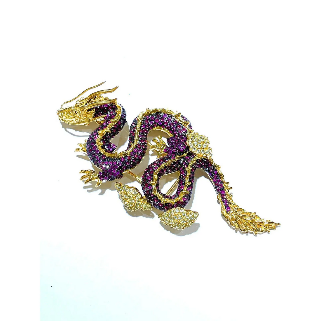 Bochic Dragon “Orient” Ruby & White Zircon Brooch Set in 18k Gold & Silver