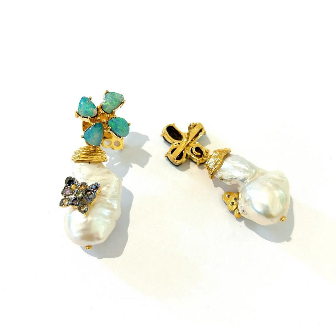 Bochic “Orient” Opal, Ruby & Multi Diamond Earrings Set in 18k Gold & Silver - 2 Pieces