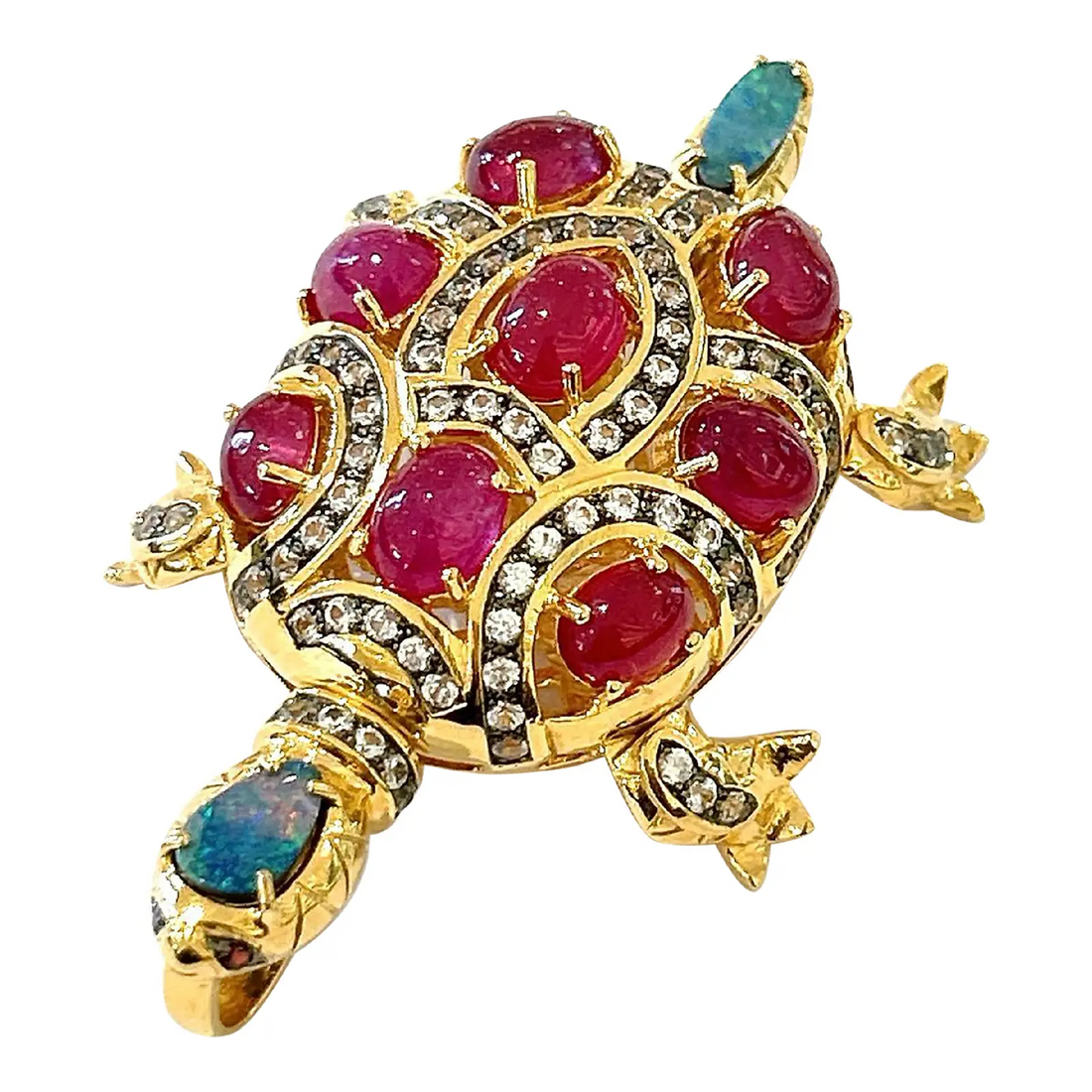Bochic “Orient” Retro Multi Ruby, Topaz & Opal Brooch Set in 18k Gold & Silver