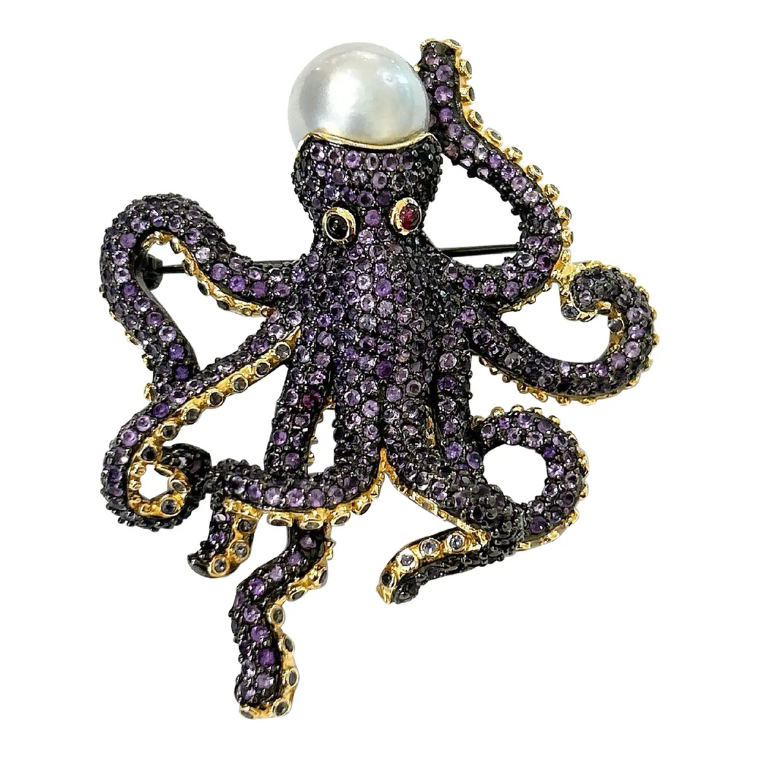 Bochic “Orient” Retro Pink, Purple Amethyst & Pearl Brooch in 18k Gold & Silver