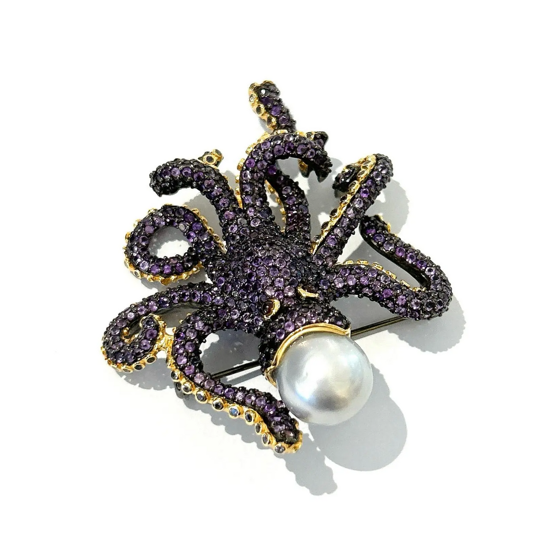 Bochic “Orient” Retro Pink, Purple Amethyst & Pearl Brooch in 18k Gold & Silver