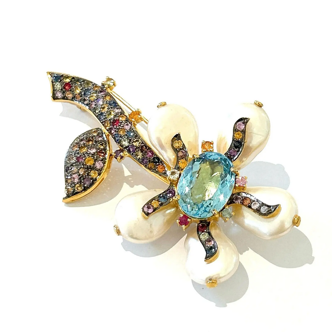 Bochic “Orient” Pearl, Multi Sapphires & Topaz Brooch Set in 18k Gold & Silver