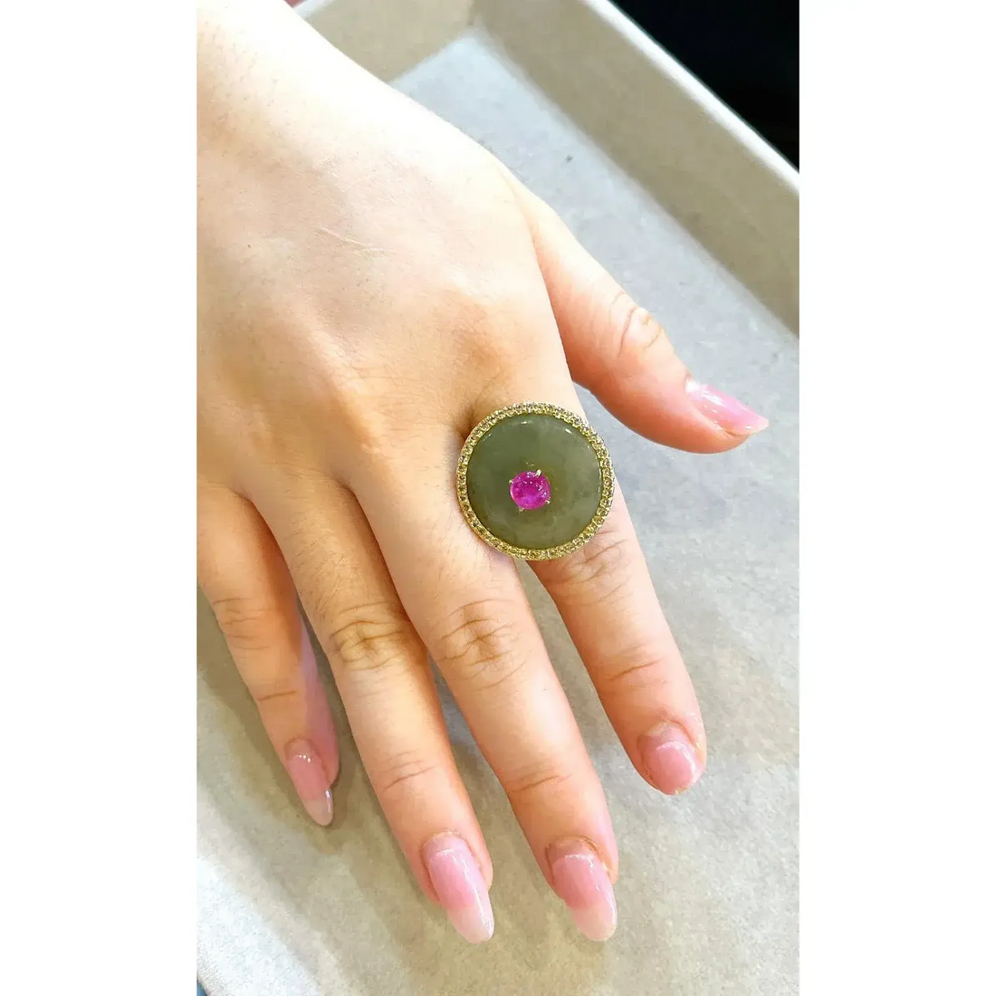 Bochic “Orient” Jade, Ruby & Diamond Dome Ring Set 18k & Silver Size 7