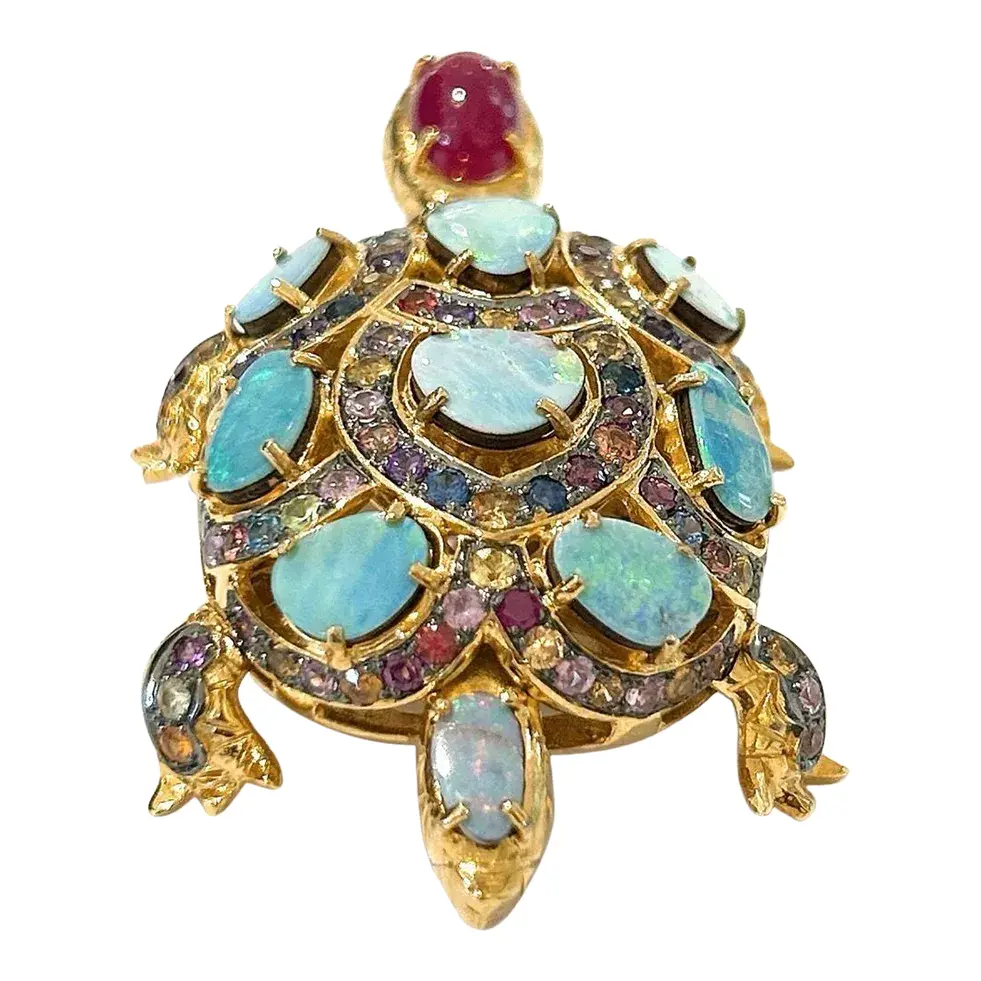 Bochic “Orient” Retro Multi Sapphires & Opal Brooch Set in 18k Gold & Silver