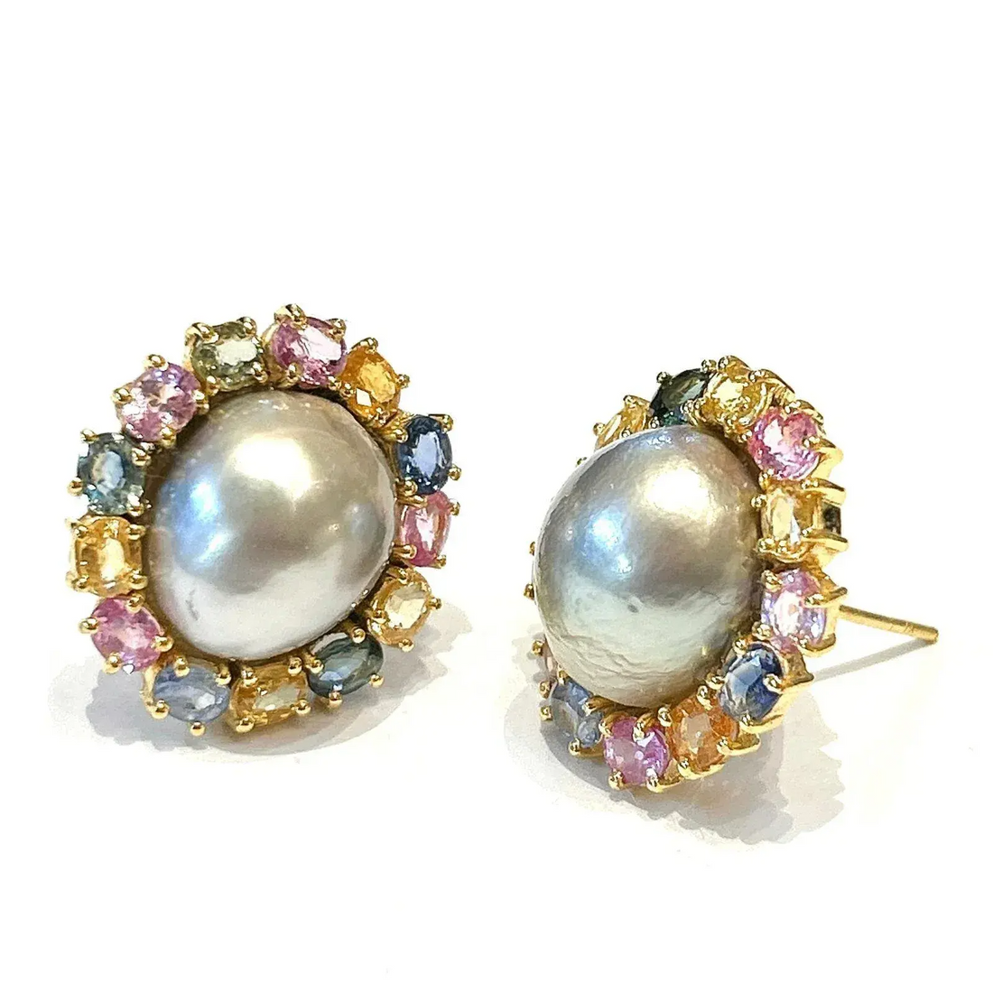 Bochic “Orient” Pearl & Multi Fancy Sapphire Earrings Set 18k Gold & Silver - 2 Pieces