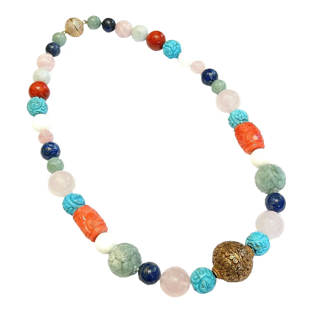 Bochic “Capri” Jade, Coral, Lapis, Rose Quartz & Mix Gems Necklace With a Vintage Pakistan Gold Plated Clip in the Front.