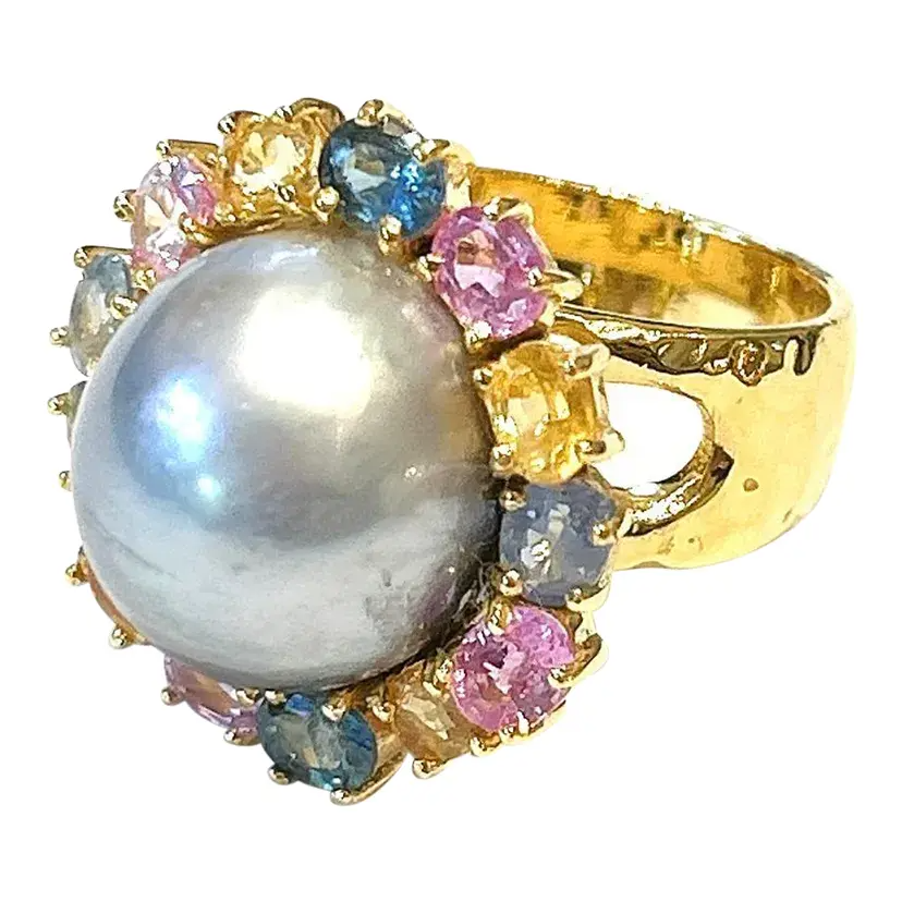 Bochic “Orient” Tahiti South Sea & Multi Sapphire Cluster Ring Set 18k & Silver Size 7