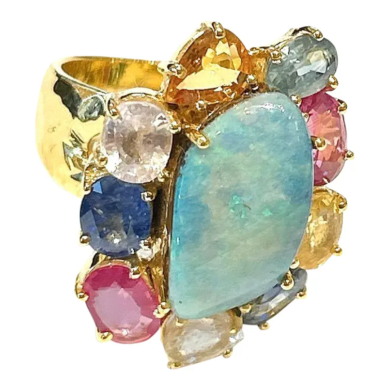 Bochic “Orient” Opal, Ruby & Multi Sapphire Vintage Cluster Ring Set 18k & Silver Size 7