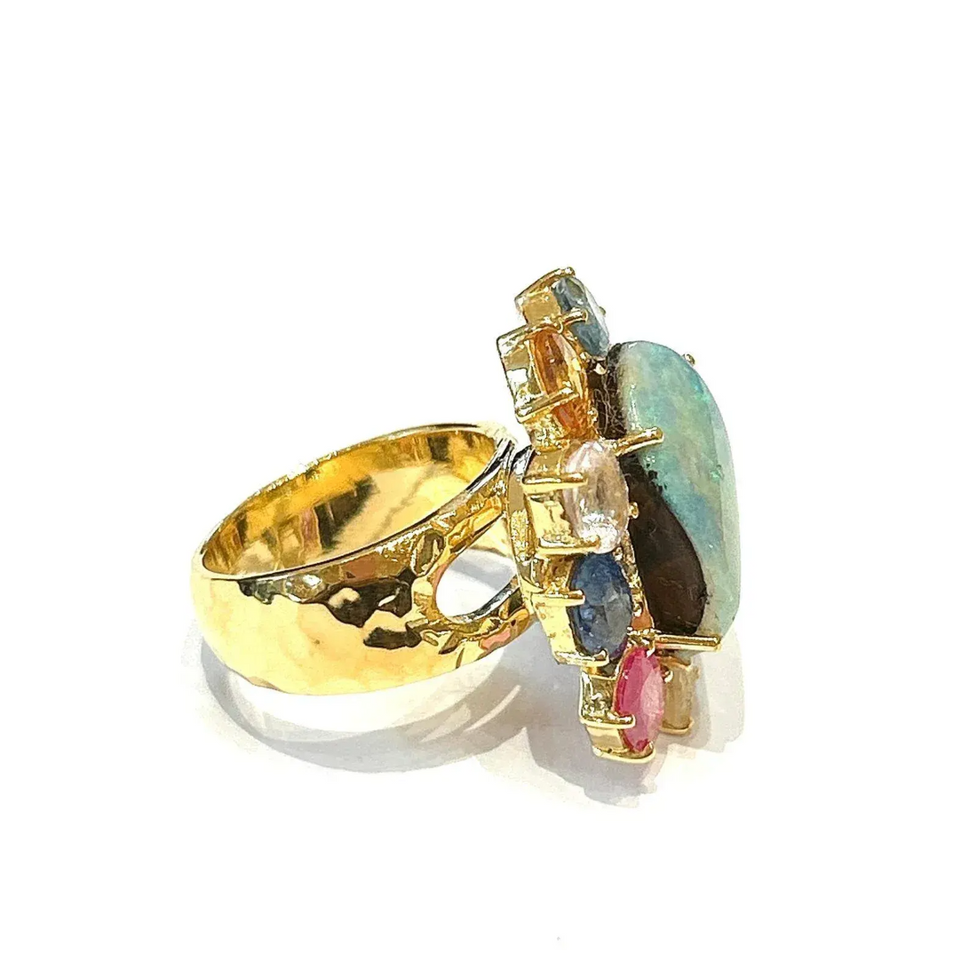Bochic “Orient” Opal, Ruby & Multi Sapphire Vintage Cluster Ring Set 18k & Silver Size 7