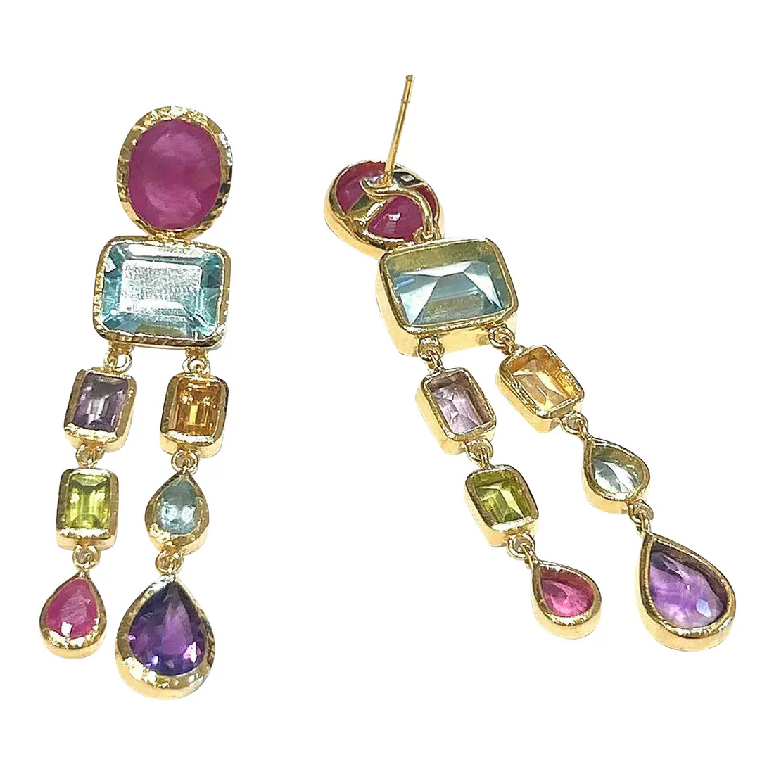 Bochic “Orient” Ruby & Multi Gem Chandelier Earrings Set 18k Gold & Silver - 2 Pieces