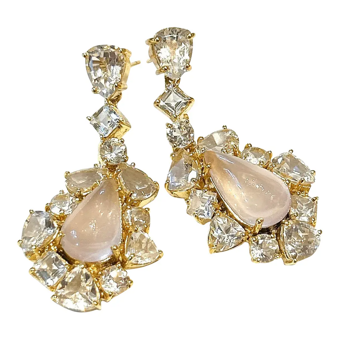 Bochic “Orient” White Topaz & Rose Quartz Earrings Set 18k Gold & Silver - 2 Pieces