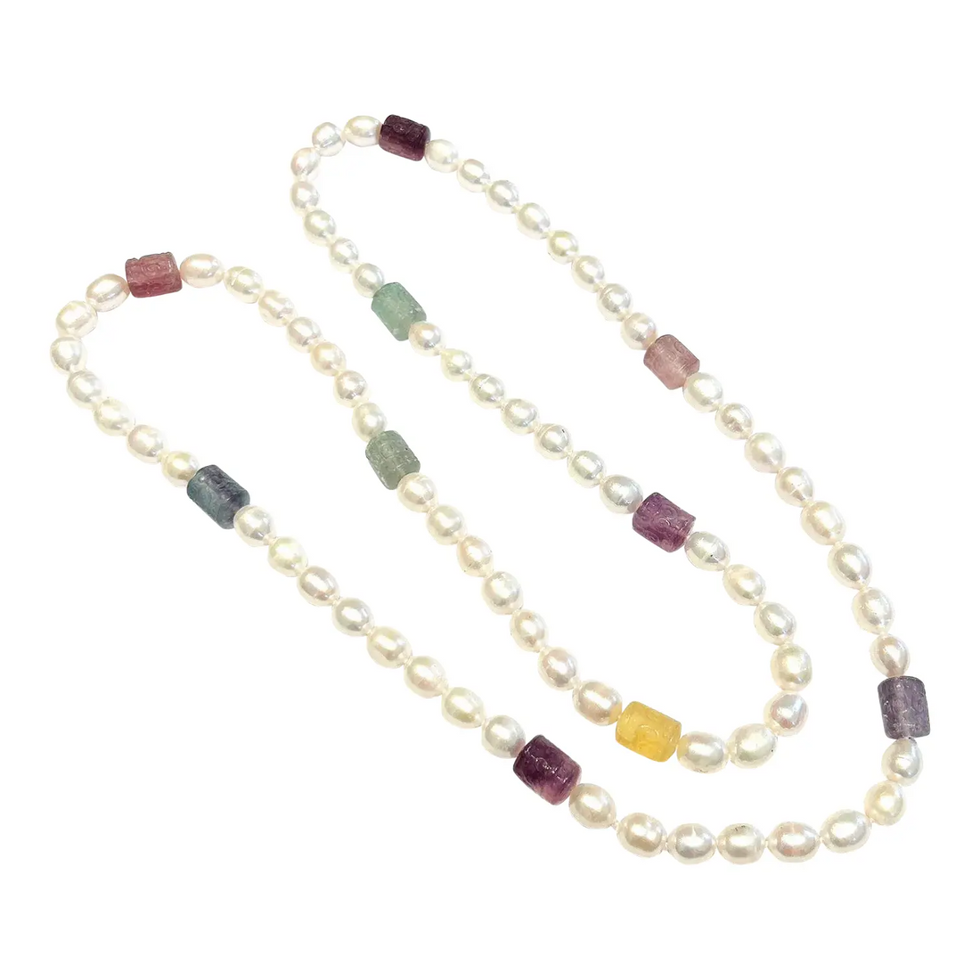 Bochic “Capri” Pearl, Multi Color Fluoride, & Mix Gems Long Necklace