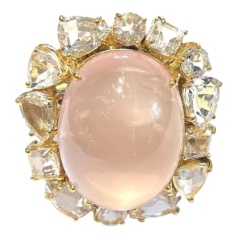 Bochic “Orient” Rose Quartz & White Topaz Cluster Ring Set 18k & Silver Size 7