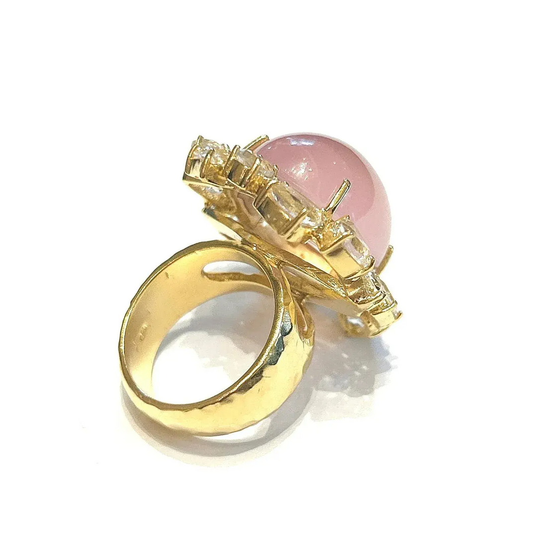 Bochic “Orient” Rose Quartz & White Topaz Cluster Ring Set 18k & Silver Size 7