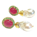 Bochic “Orient” Pearl, Ruby & Emerald Earrings Set 18k Gold & Silver - 2 Pieces