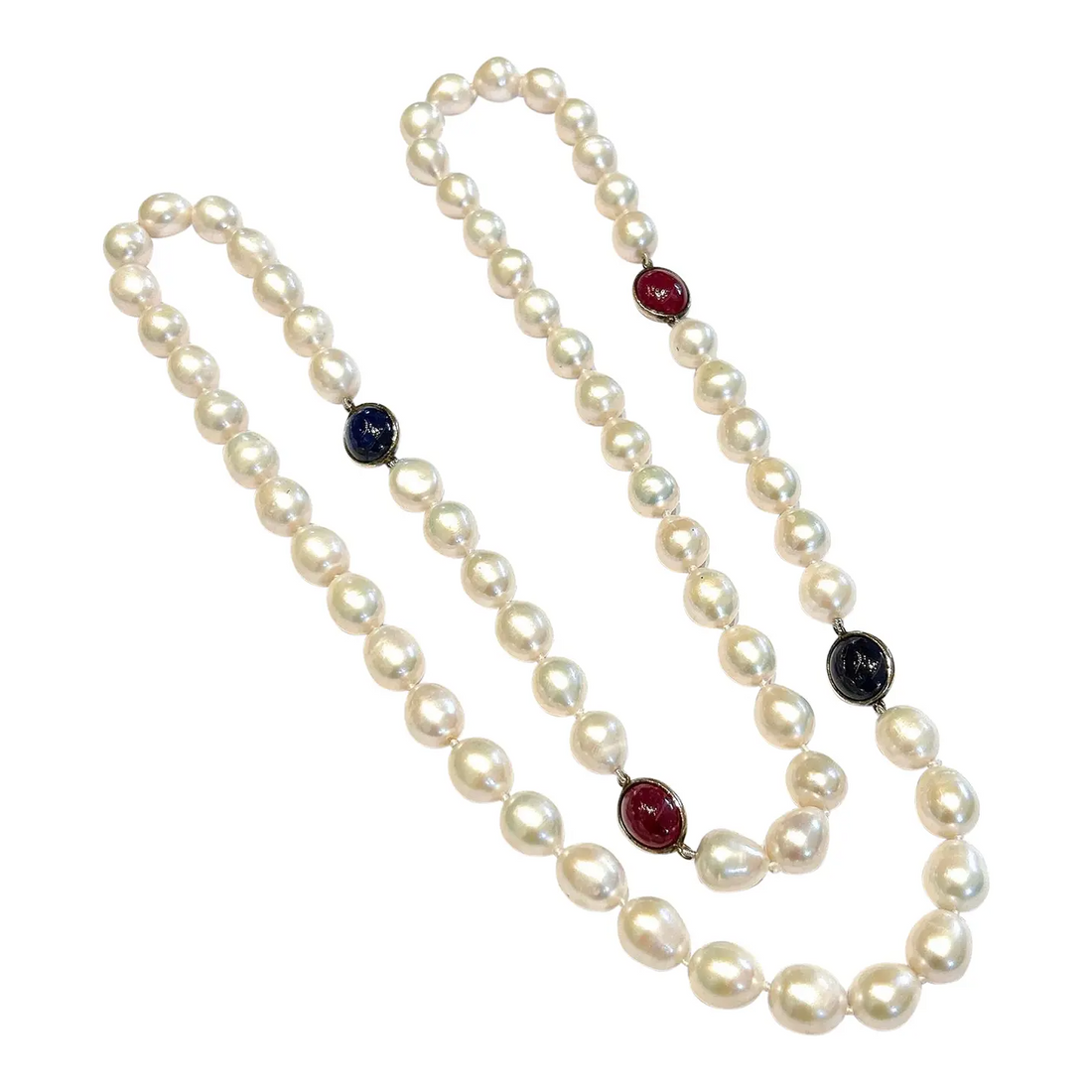 Bochic “Capri” Pearl, Blue Sapphire, Red Ruby & Mix Gems Long Necklace