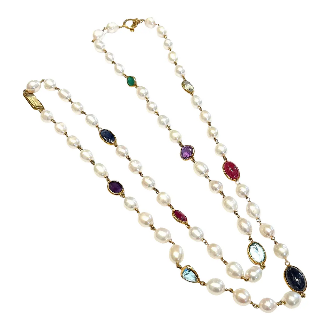 Bochic “Capri” Pearl, Blue Sapphire, Red Ruby & Mix Gems Long Necklace