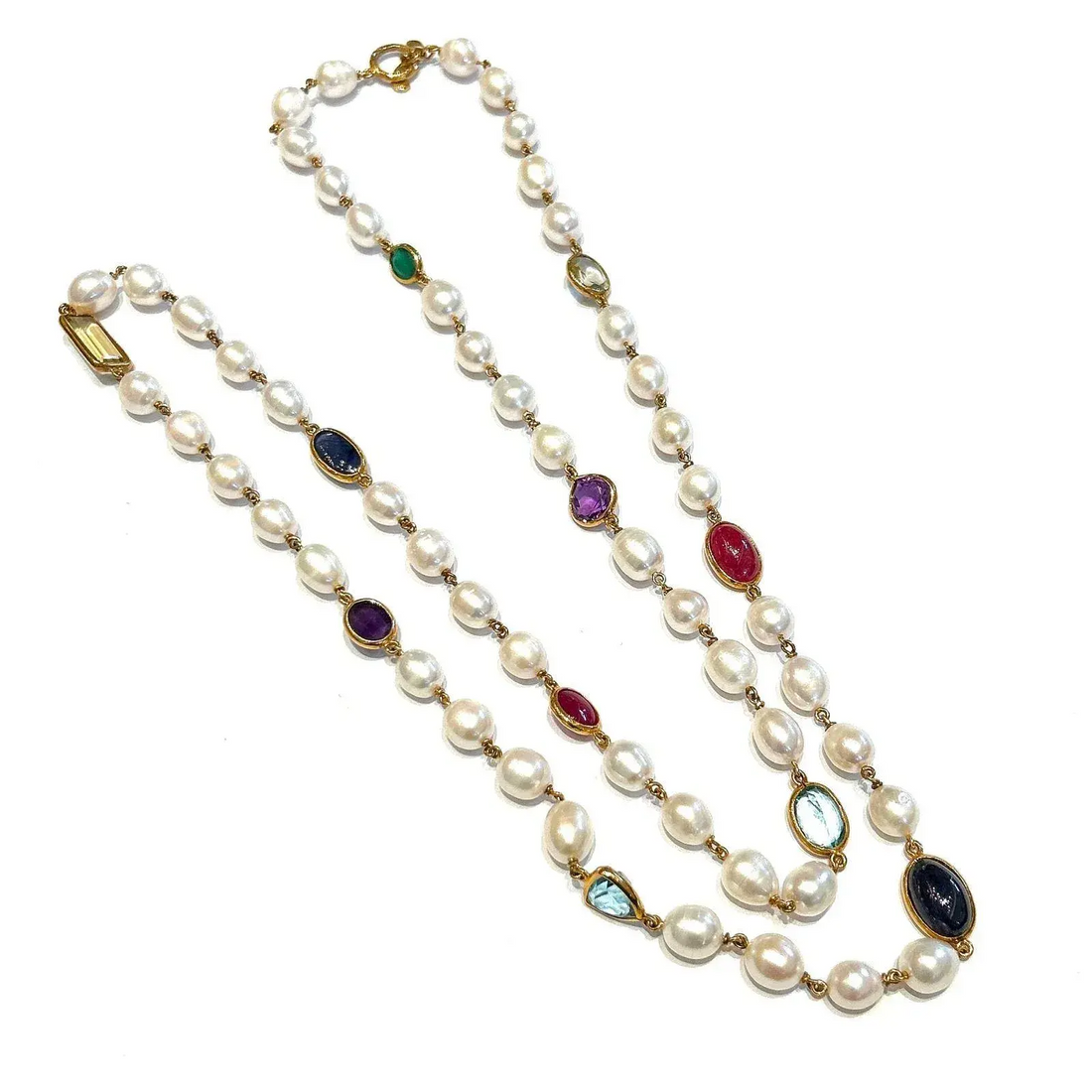 Bochic “Capri” Pearl, Blue Sapphire, Red Ruby & Mix Gems Long Necklace