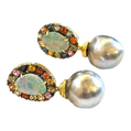 Bochic “Orient” Opal, South Sea Pearls & Sapphires Earrings Set 18k Gold & Silver - 2 Pieces