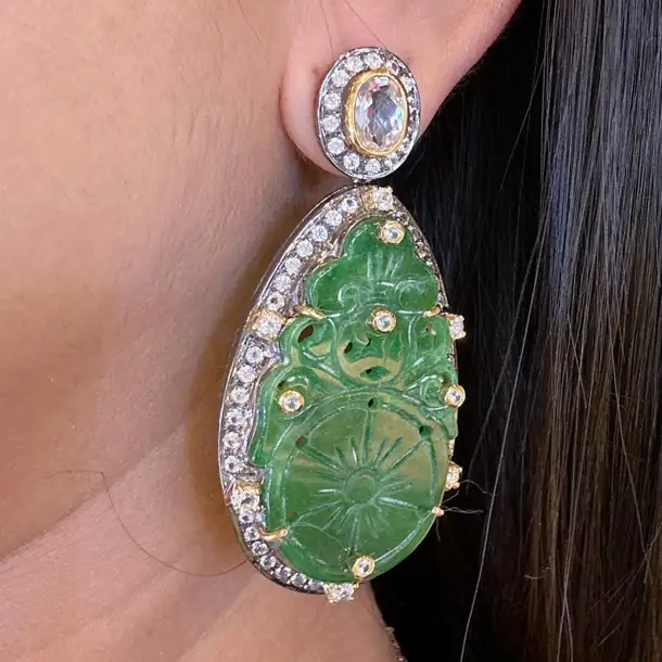Bochic “Orient” Green Jade & White Topaz Earrings set In 18K White Gold & Silver, 2 pieces