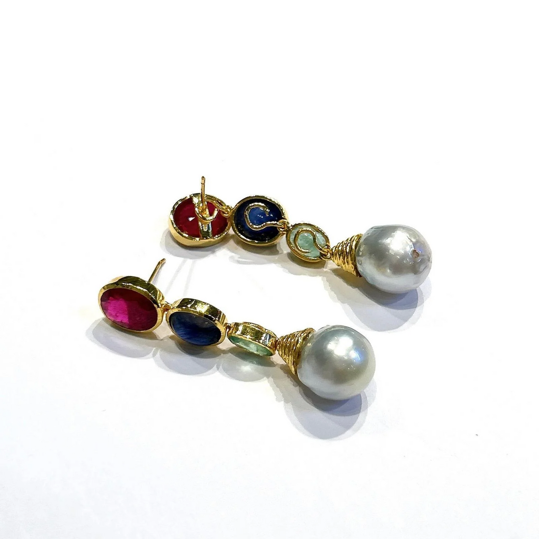 Bochic “Orient” Ruby, Emerlad & Sapphire Pearls Earrings Set 18K Gold & Silver, 2 pieces