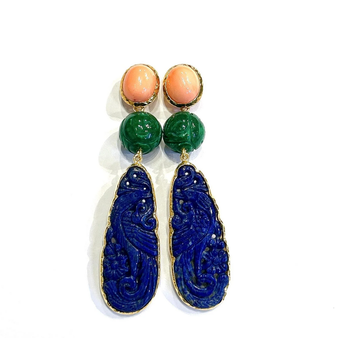 Bochic “Orient” Blue Lapis, Jade & Coral Earrings Set In 18K Gold & Silver, 2 pieces