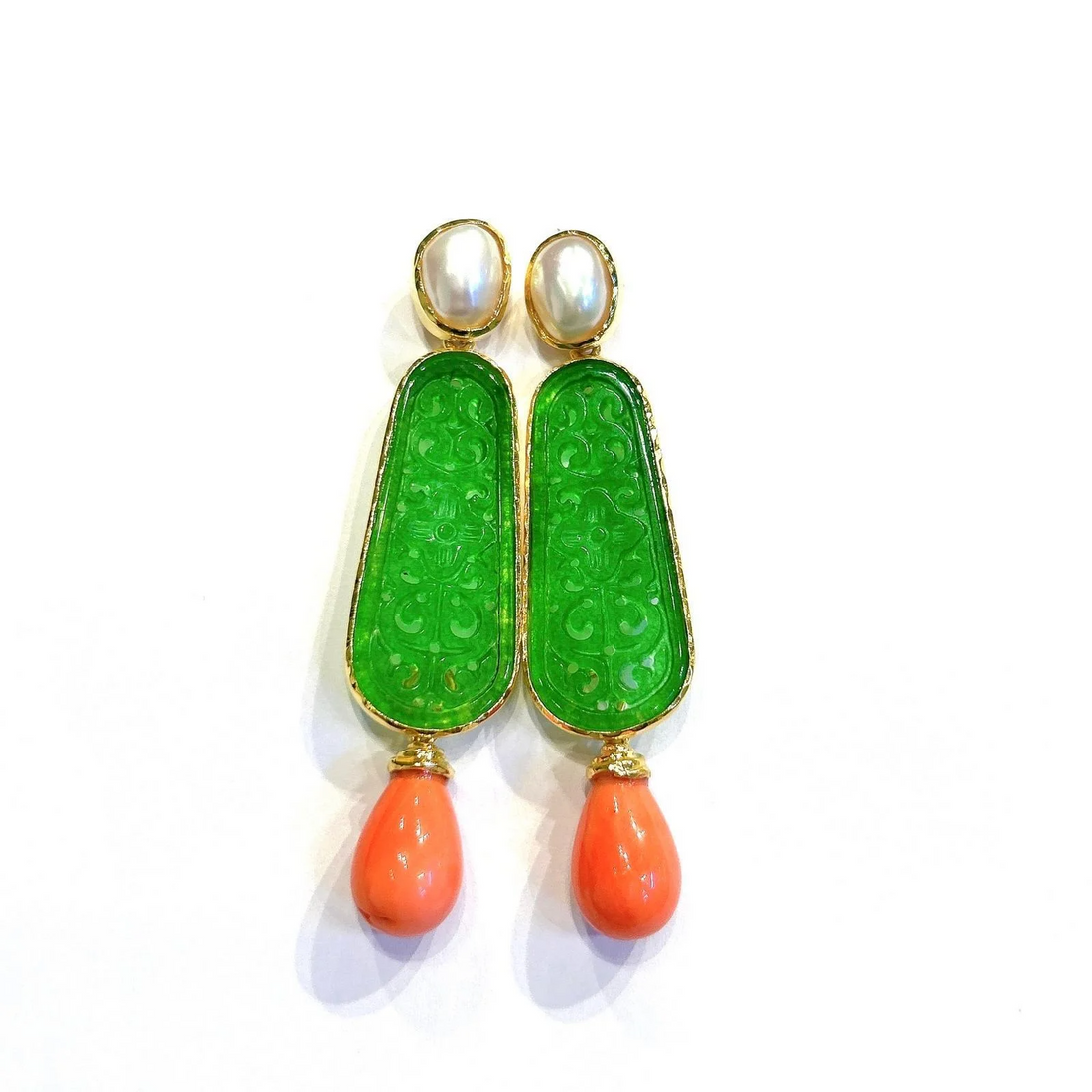 Bochic “Orient” White Pearl, Jade & Coral Earrings Set In 18K Gold & Silver, 2 pieces