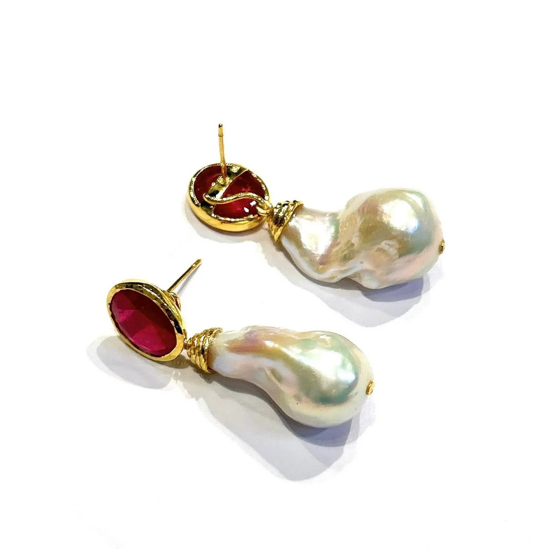 Bochic “Orient” Ruby & White South Pearls Earrings In 18K White Gold & Silver, 2 pieces