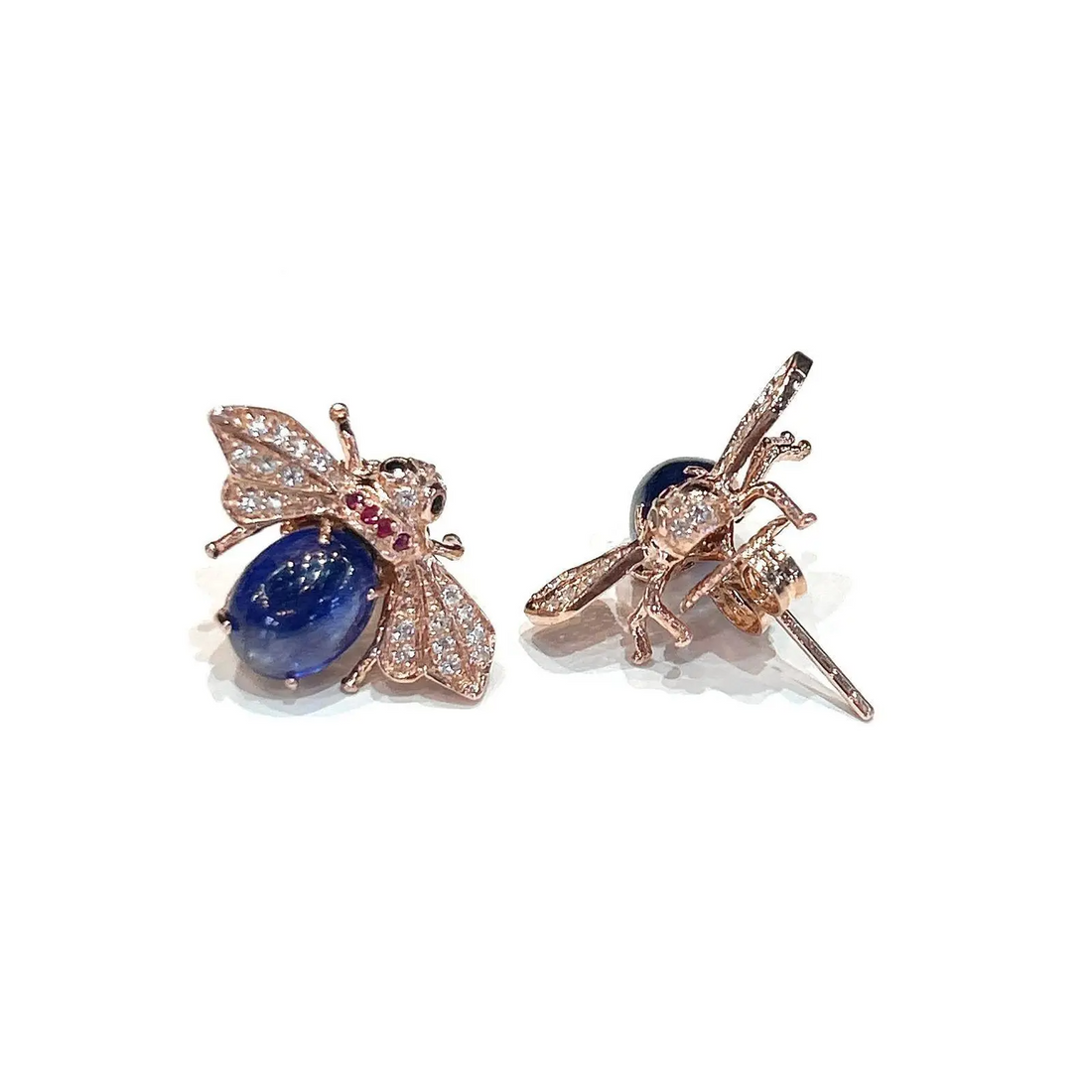 Bochic “Orient” Blue Sapphire & Ruby Earrings Set In 18K Yellow Gold & Silver, 2 pieces