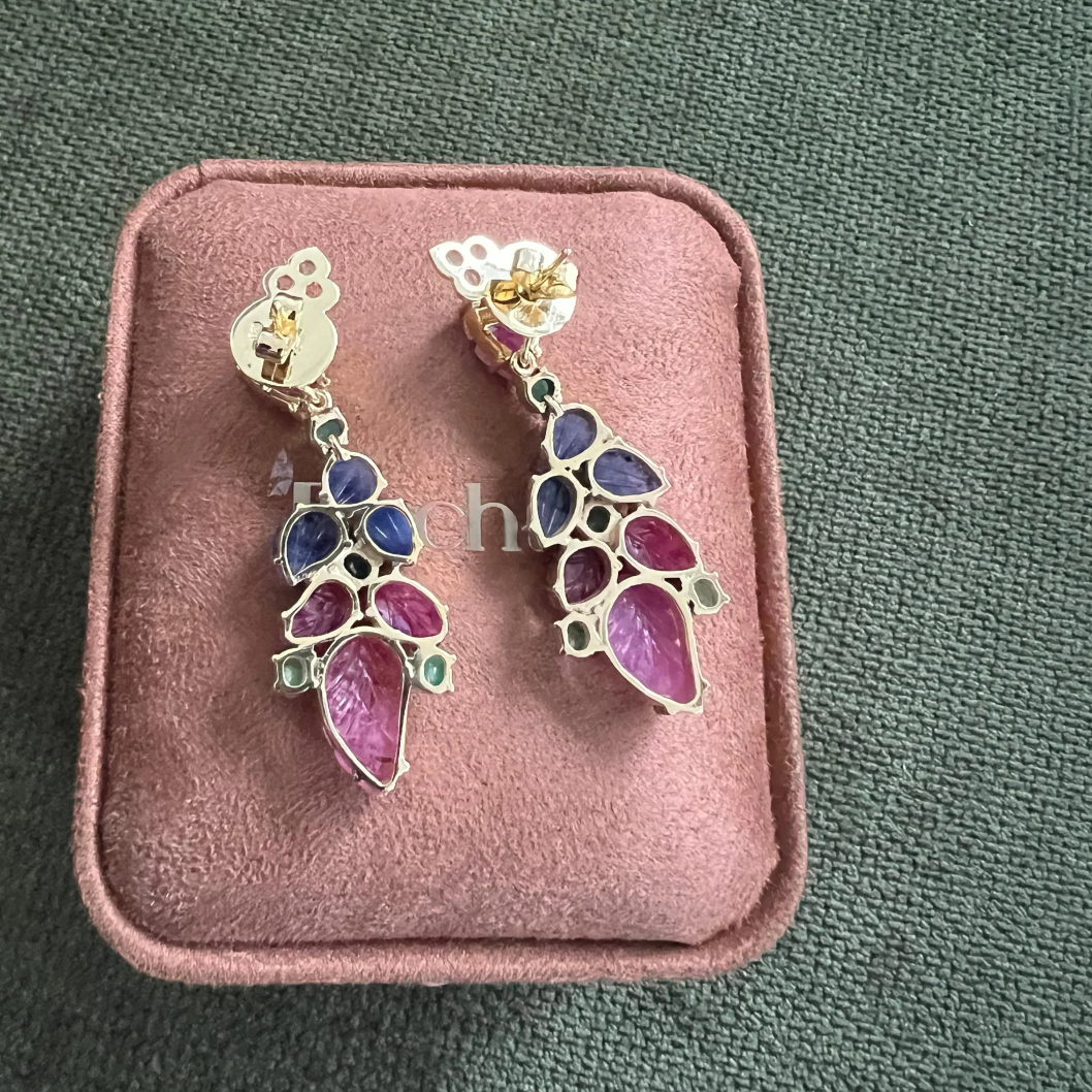 Bochic “Orient” Emerald, Ruby & Multi Sapphire Earrings Set 18K Gold&Silver, 2 pieces