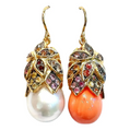 Bochic “Capri” Coral, Pearl & Rose Cut Sapphire Earrings Set18K Gold & Silver